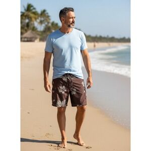 Dockers Mens XL Brown Tropical Floral Cargo Board Shorts Swim Trunks Mesh Liner